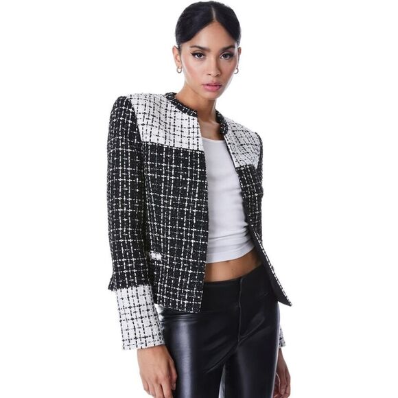 Alice + Olivia Jaydn Combination Tweed Button Jacket Black White Gold 2 - Picture 1 of 6